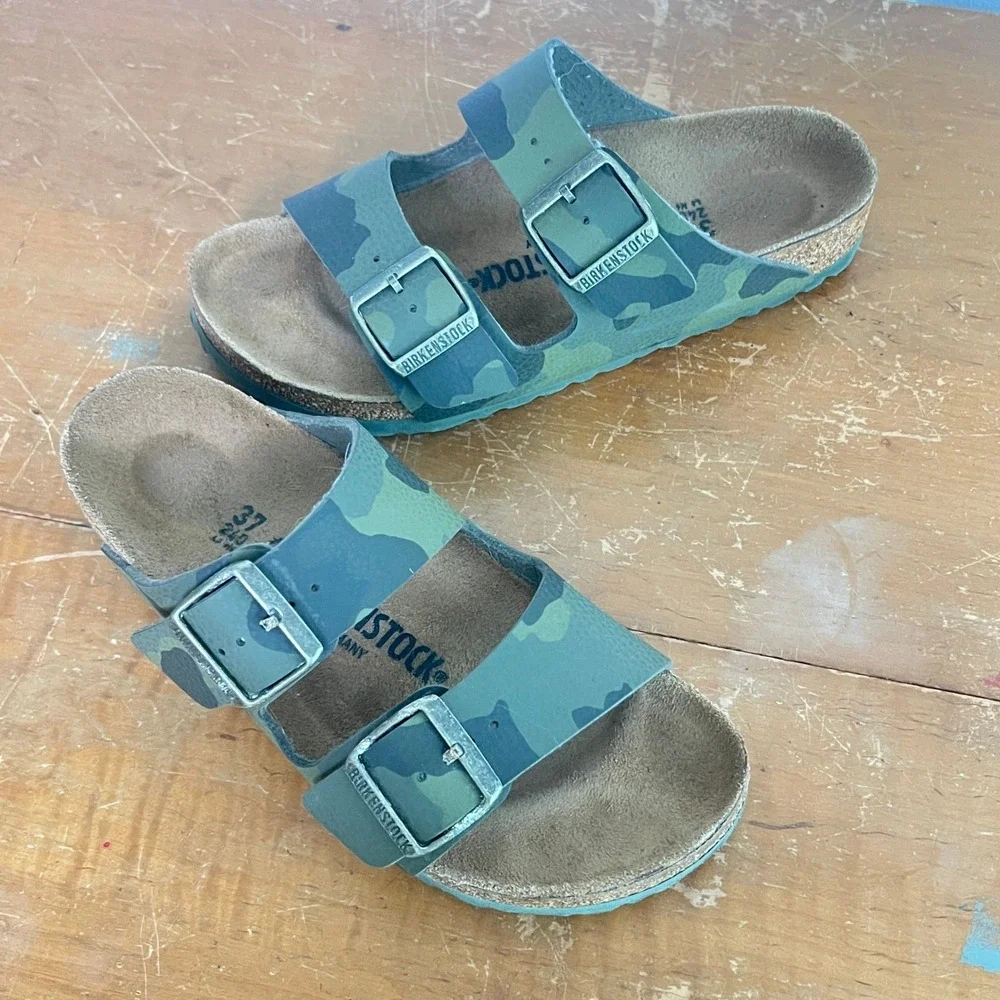 Birkenstock Desert Soil Camo Sz 37 Sandals Double Buckle Green Camophlage Narrow